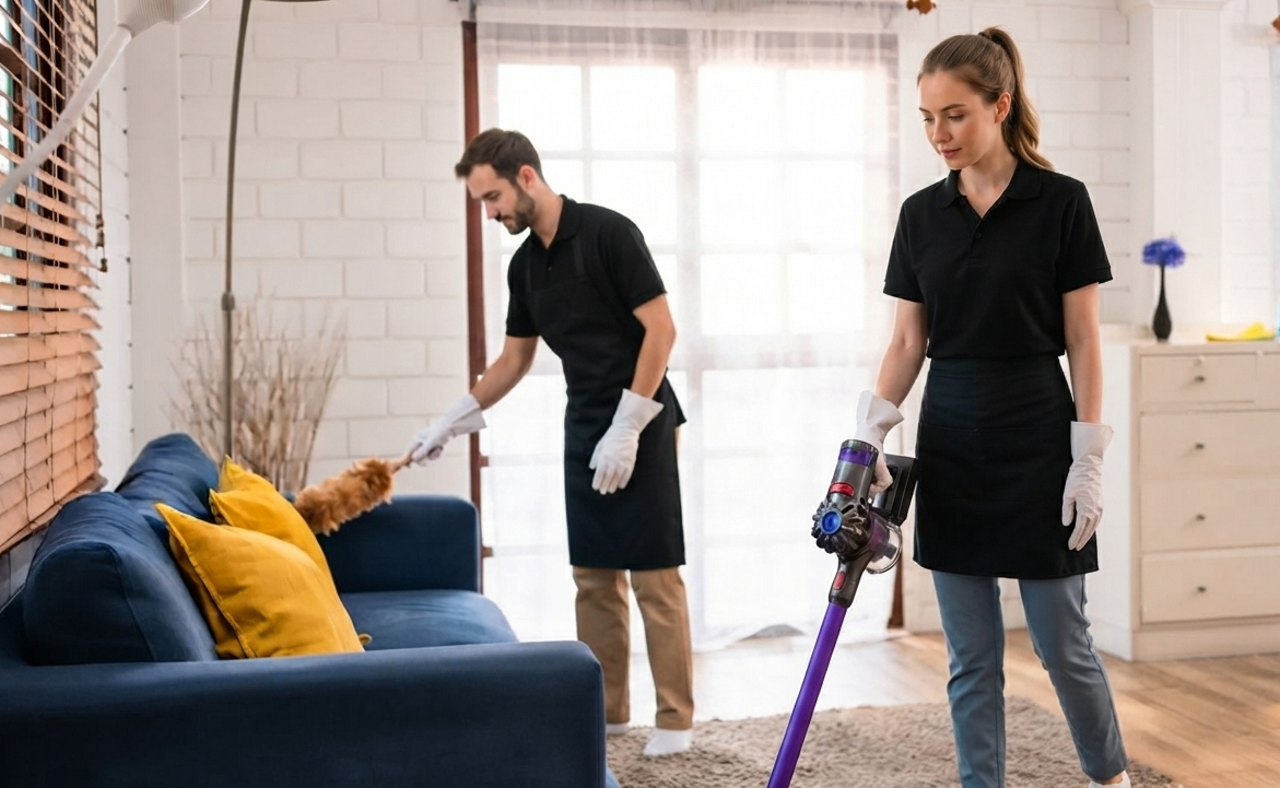 A cleaner tidying a bright, modern Sydney living room filled with natural light